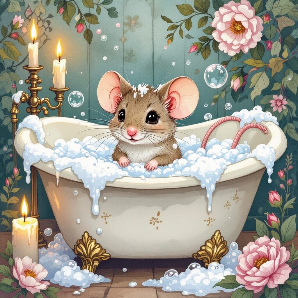 Mouse Bathing in Bubbles: Watercolour Fantasy Illustration