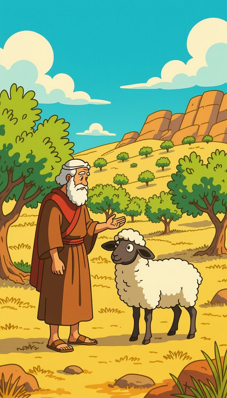 Abraham and Nervous Lamb in Whimsical Cartoon Style