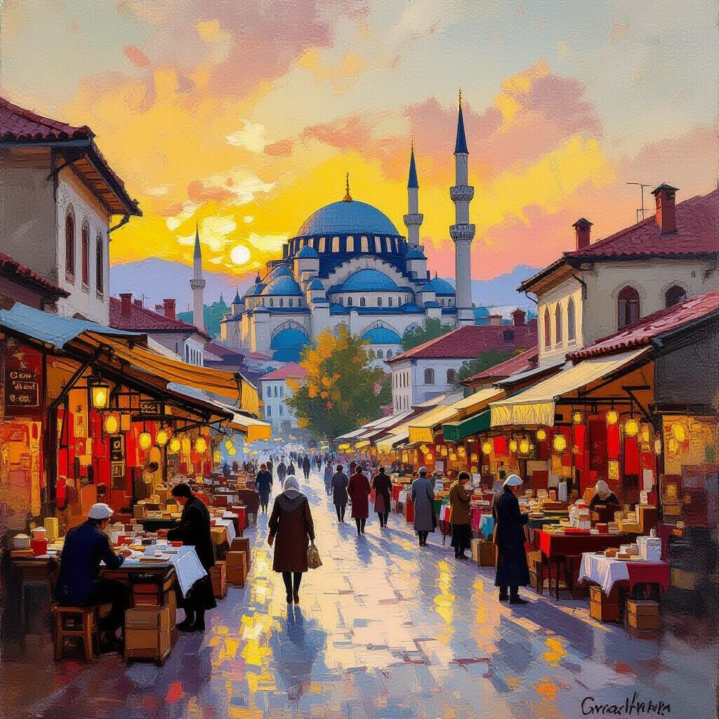 Sarajevo Marketplace Oil Painting in Golden Hour Light