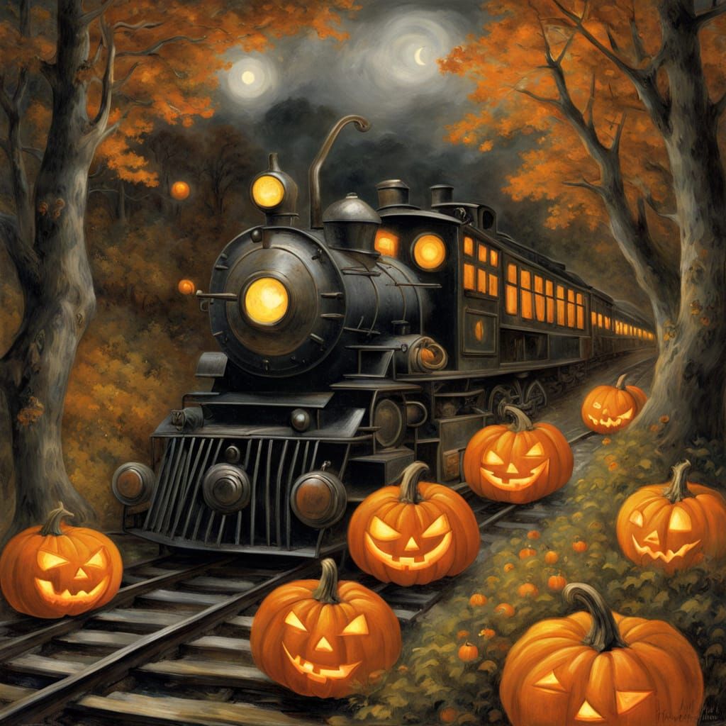 Haunted Jack-o-Lantern Train in Midnight Forest