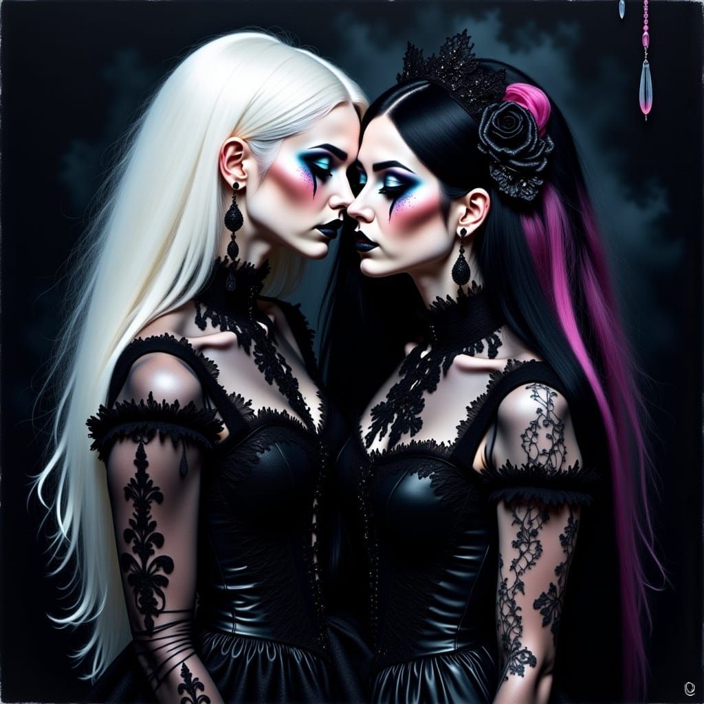 Gothic Women Kissing in Alcohol Ink Style