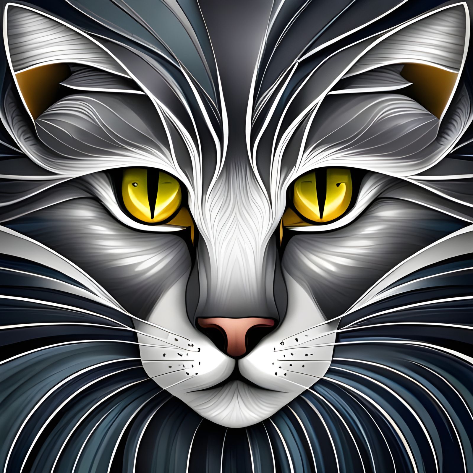 Detailed Black Cat Portrait in Fractal Zentangle Style