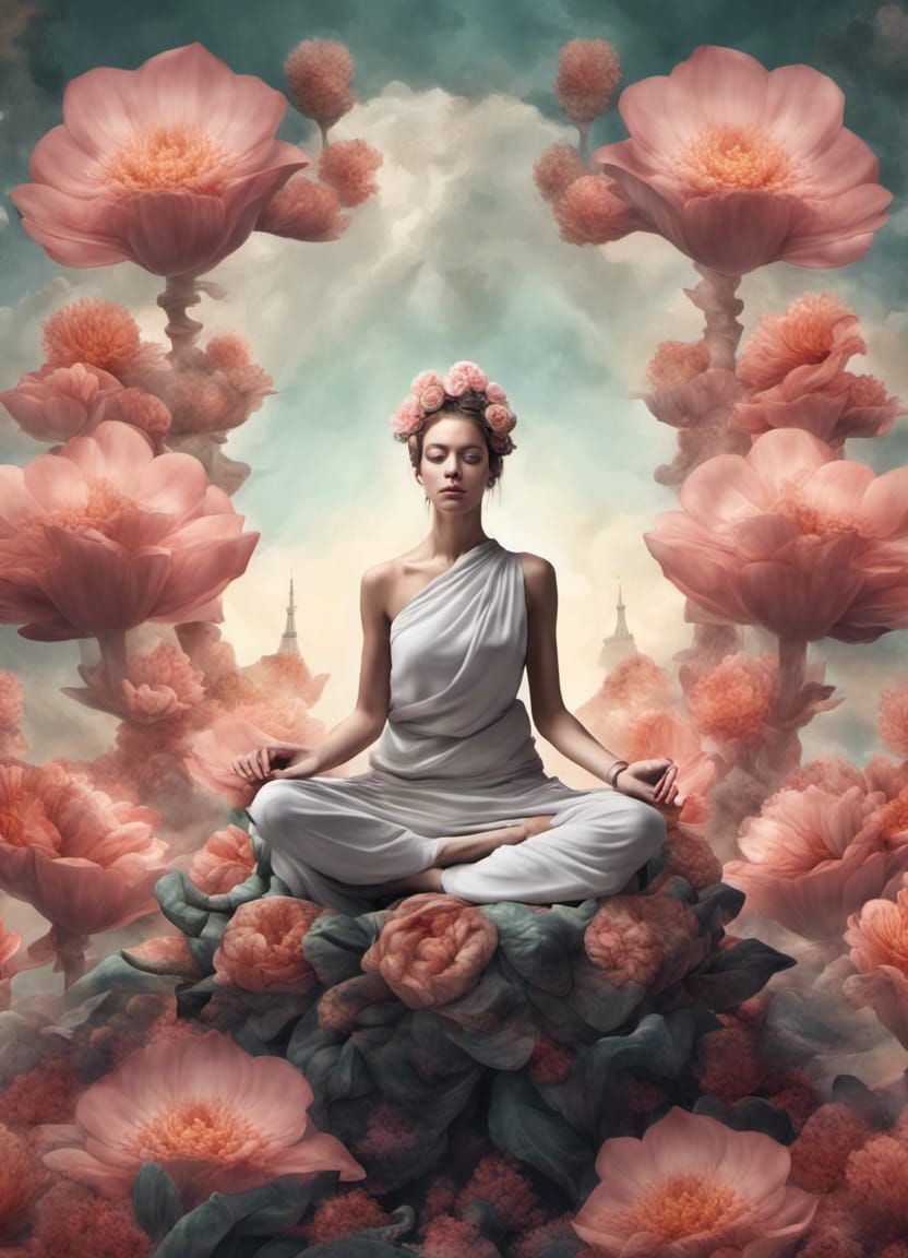 Meditating Woman in Surreal Flower Toga, Digital Art