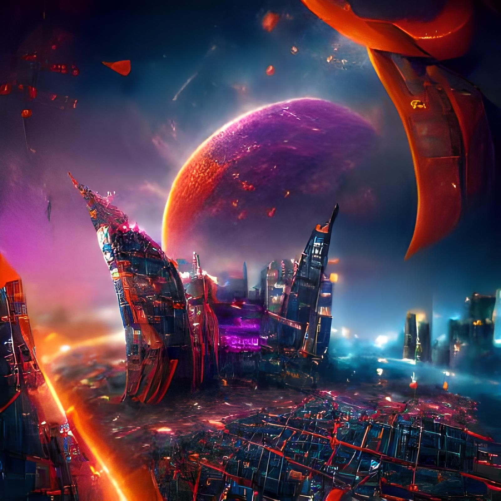Hellish Futuristic City in Space with Fiery Tints