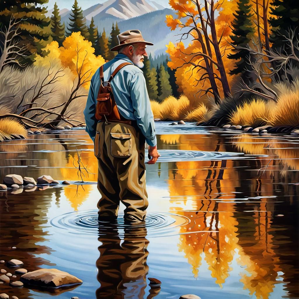 Old Man Fisherman Reflects on Montana River
