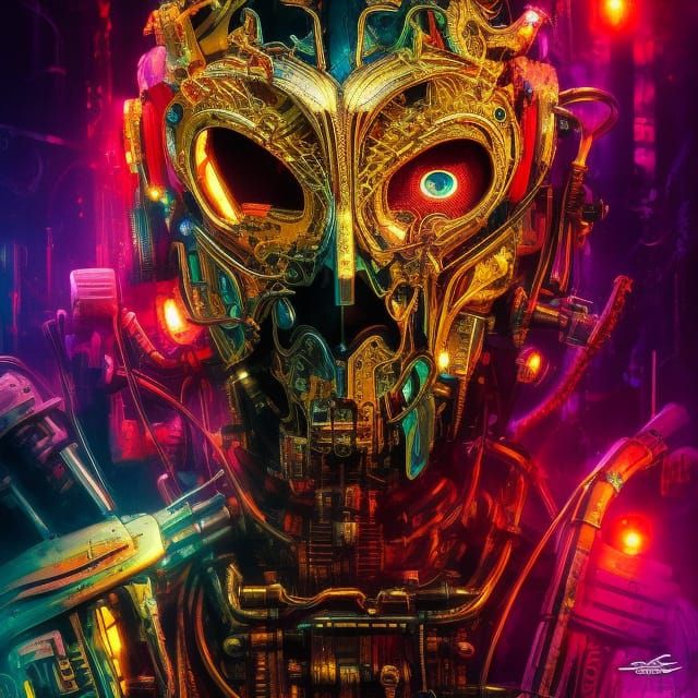 Cybernetic Zombie Masquerade in Dark Horror Style