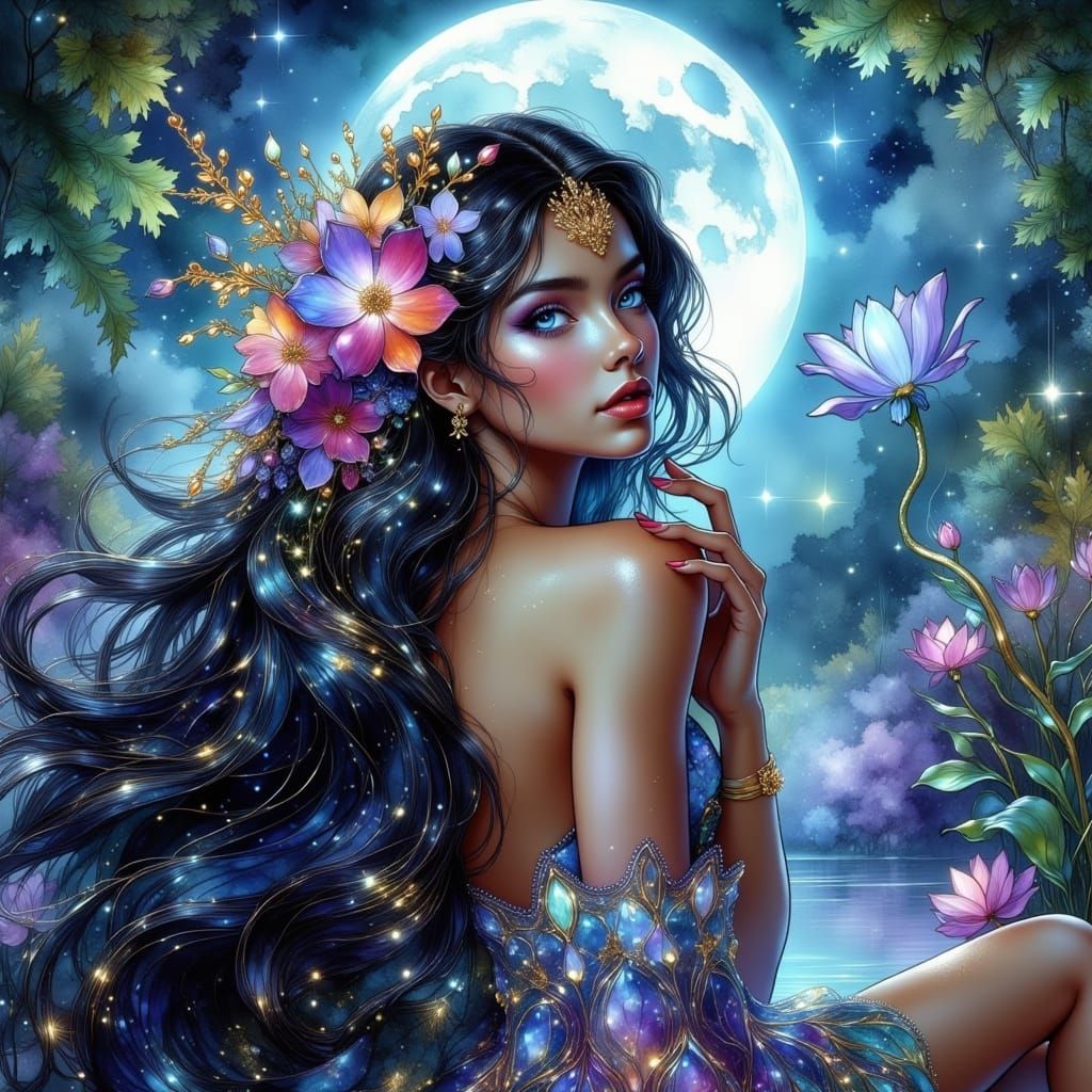 Gothic Fairy Goddess in Whimsical Woodland Scene