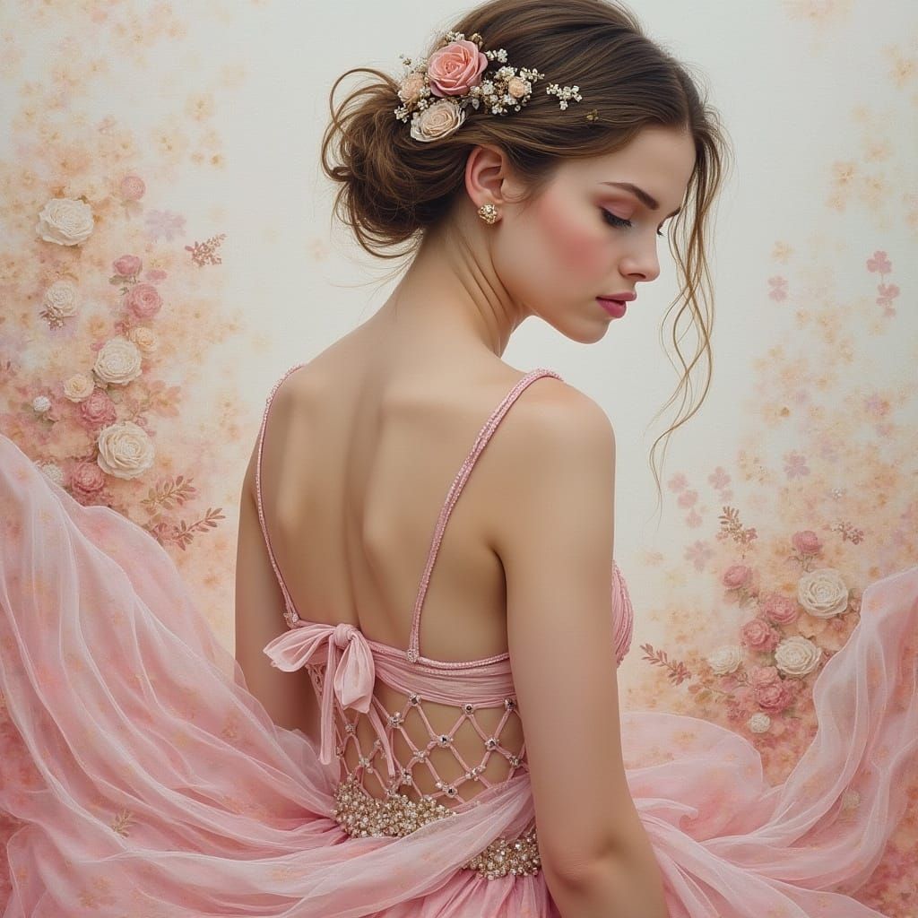 Ethereal Woman in Flowing Gown: Textured Pastel Art