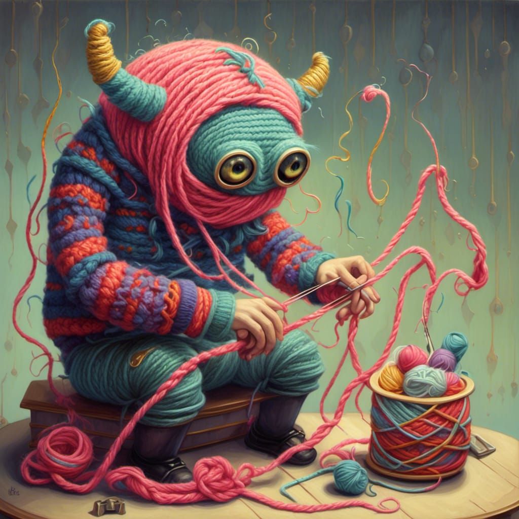 Yarn Monster Knitting: A Pop Surrealism Scene