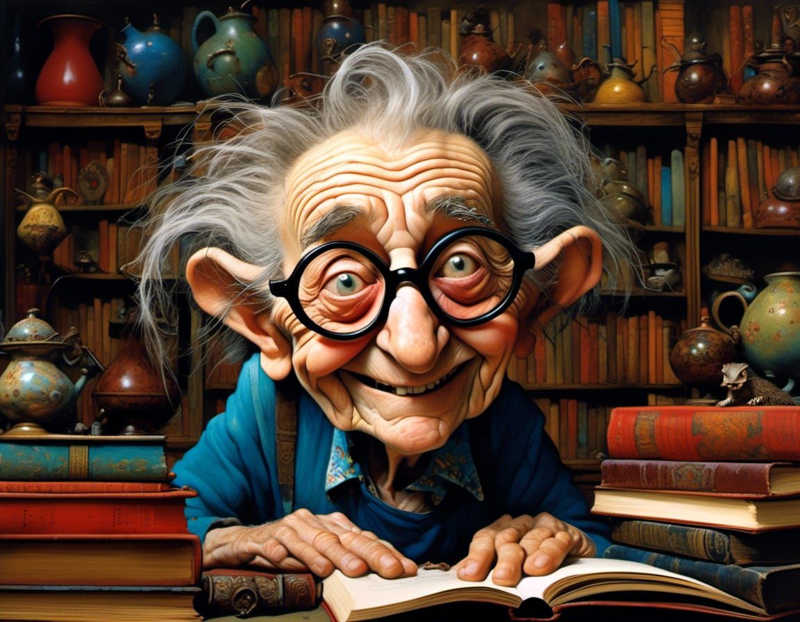 Eccentric Fae Librarian Portrait in Vibrant Fantasy Style