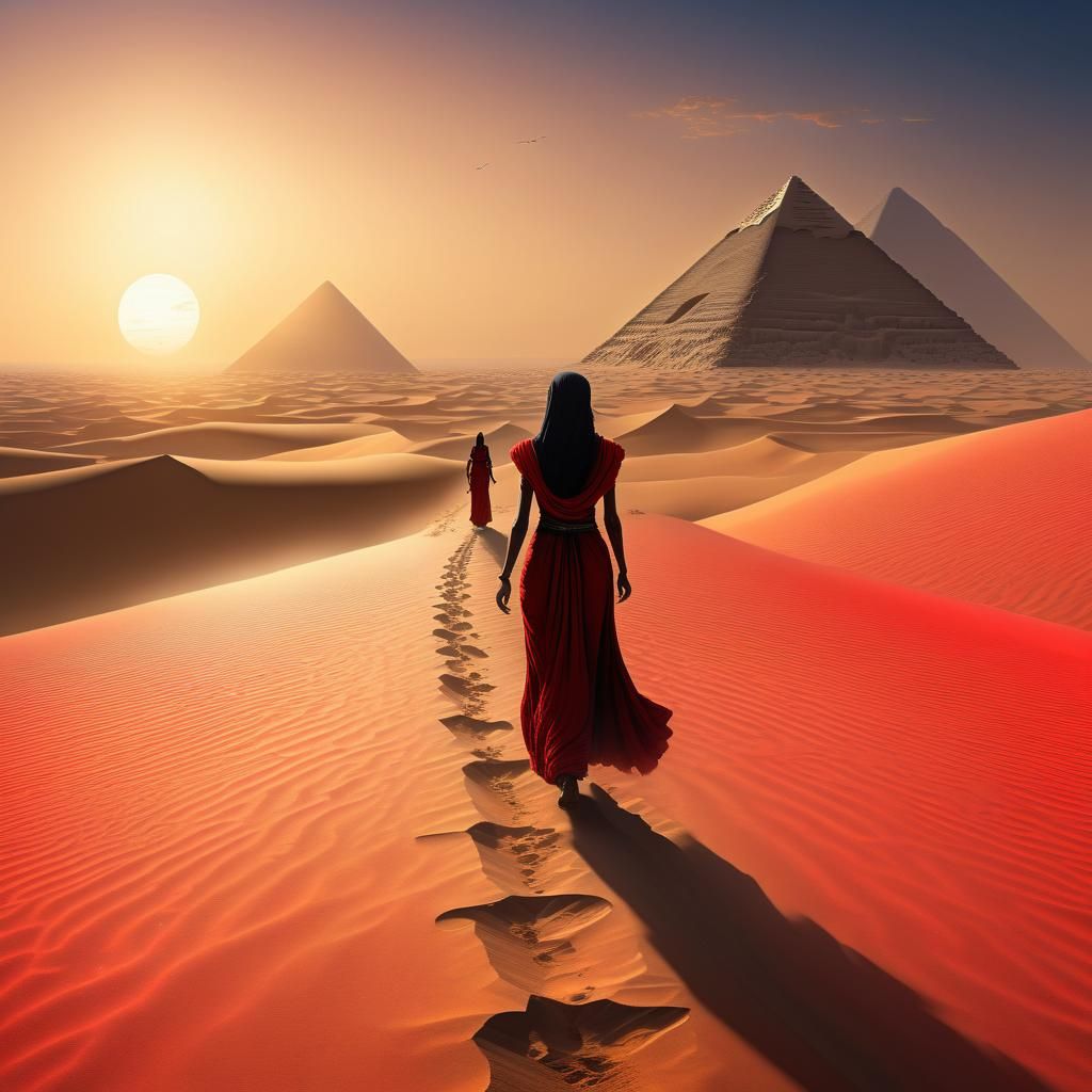 Woman in Red Dress Walking into Desert Sunset