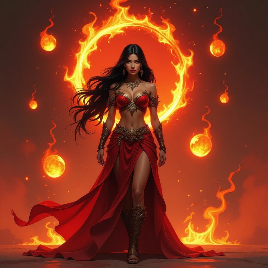 Fantasy Woman With Orbiting Fire Orbs