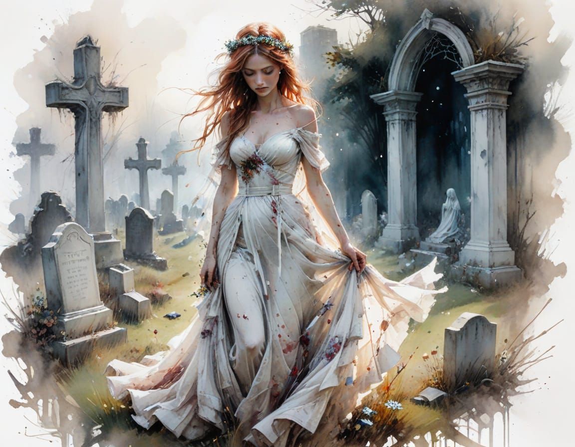 Ghostly Bride in Graveyard, Expressive Watercolour Painting