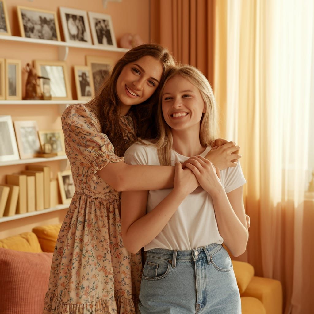 Friends Embrace in Sunlit Living Room
