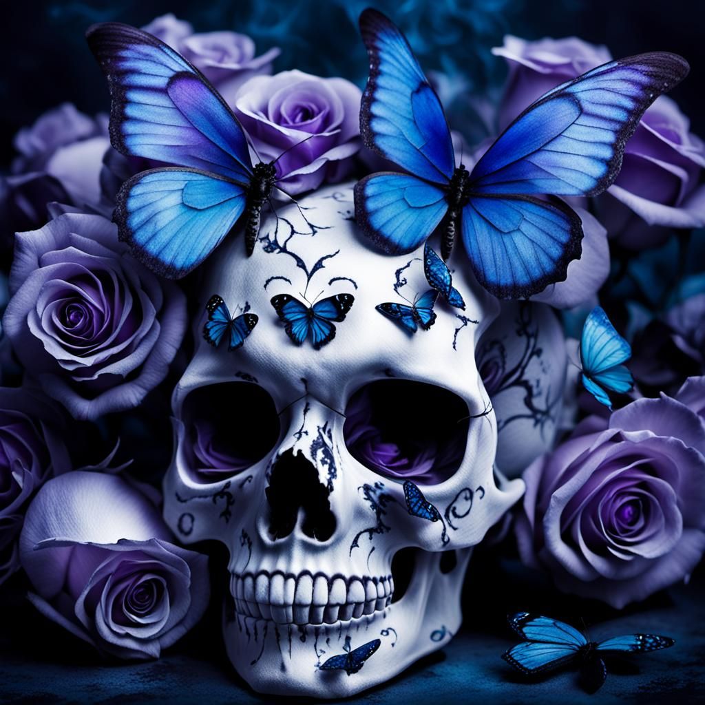 Gothic Skull with Roses and Butterflies