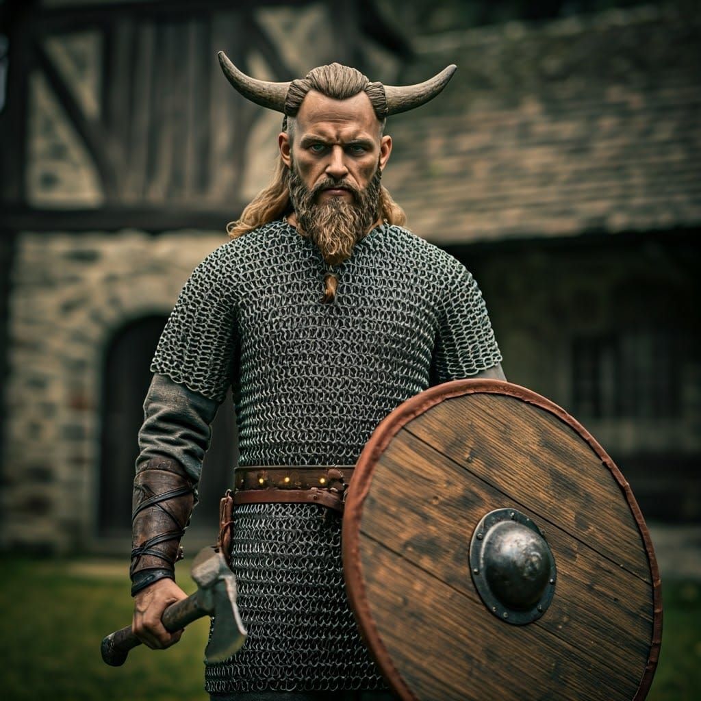 Viking Warrior with Horns in Front of Stone House