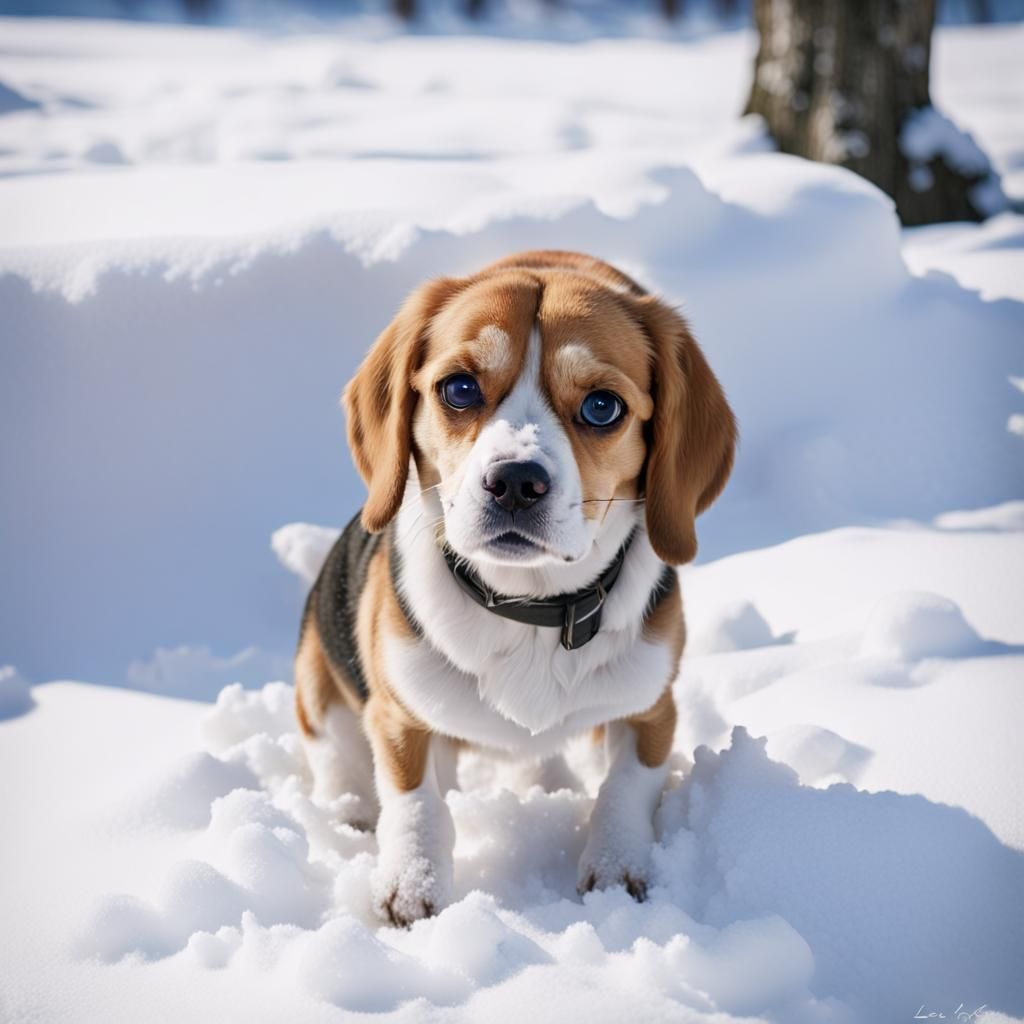 Cute Fluffy Beagle in Snow