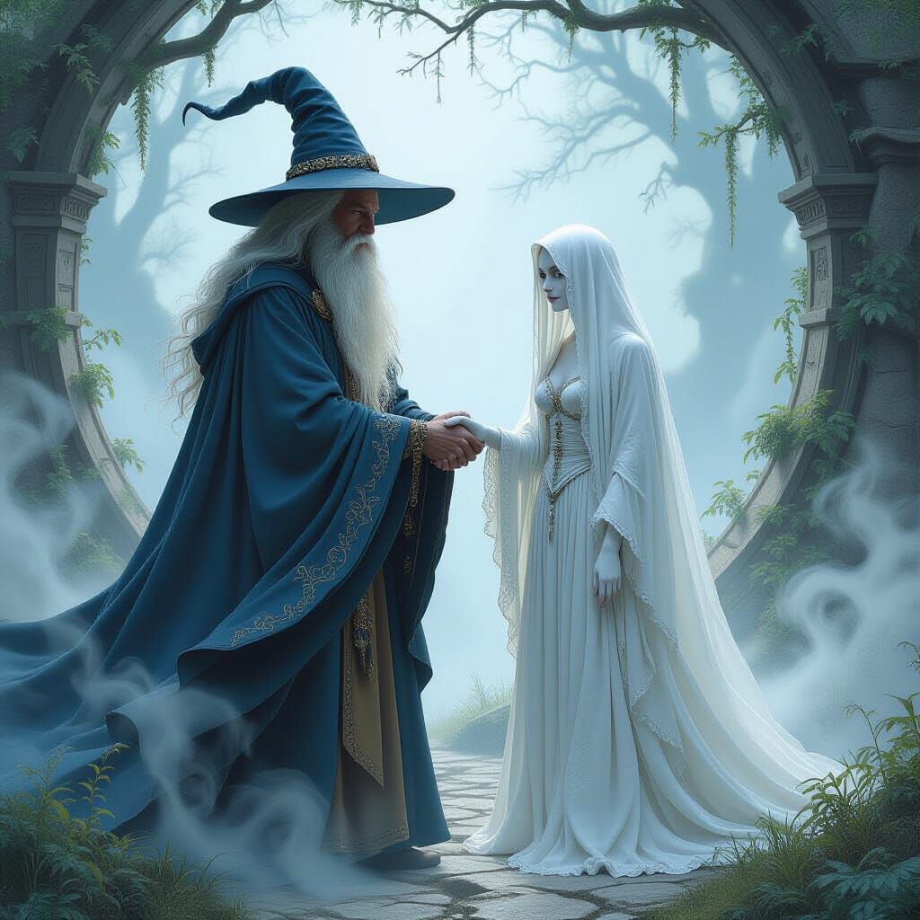 Wizard and Ghostly Woman Holding Hands in Fantasy Art Style