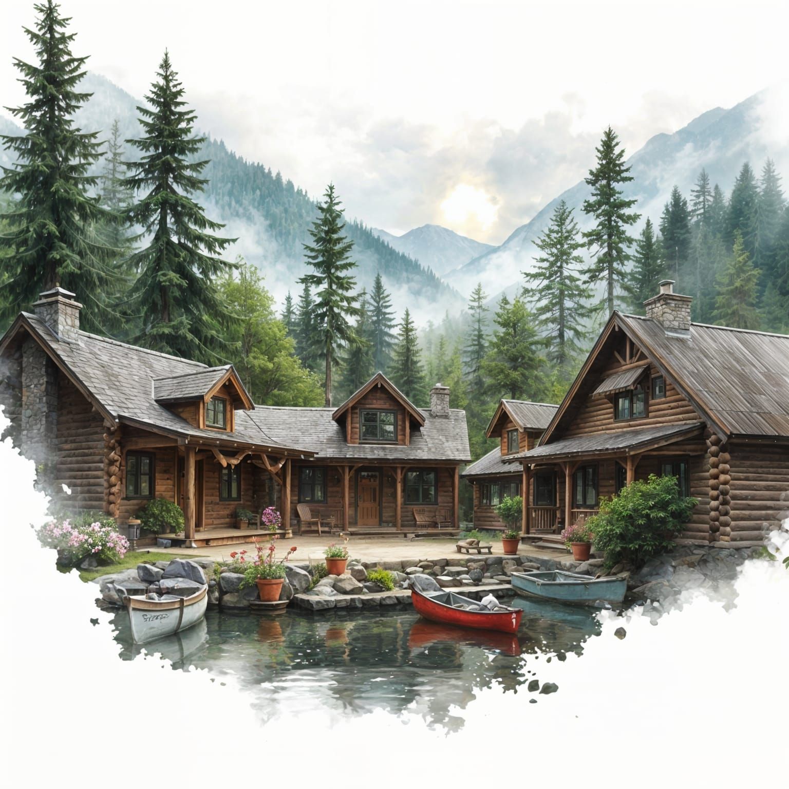 Lakeside Community in Pacific Northwest, Watercolor Art