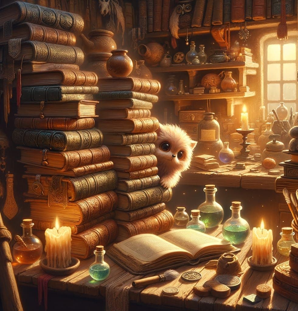 Fluffy Creature in Cozy Wizard Study