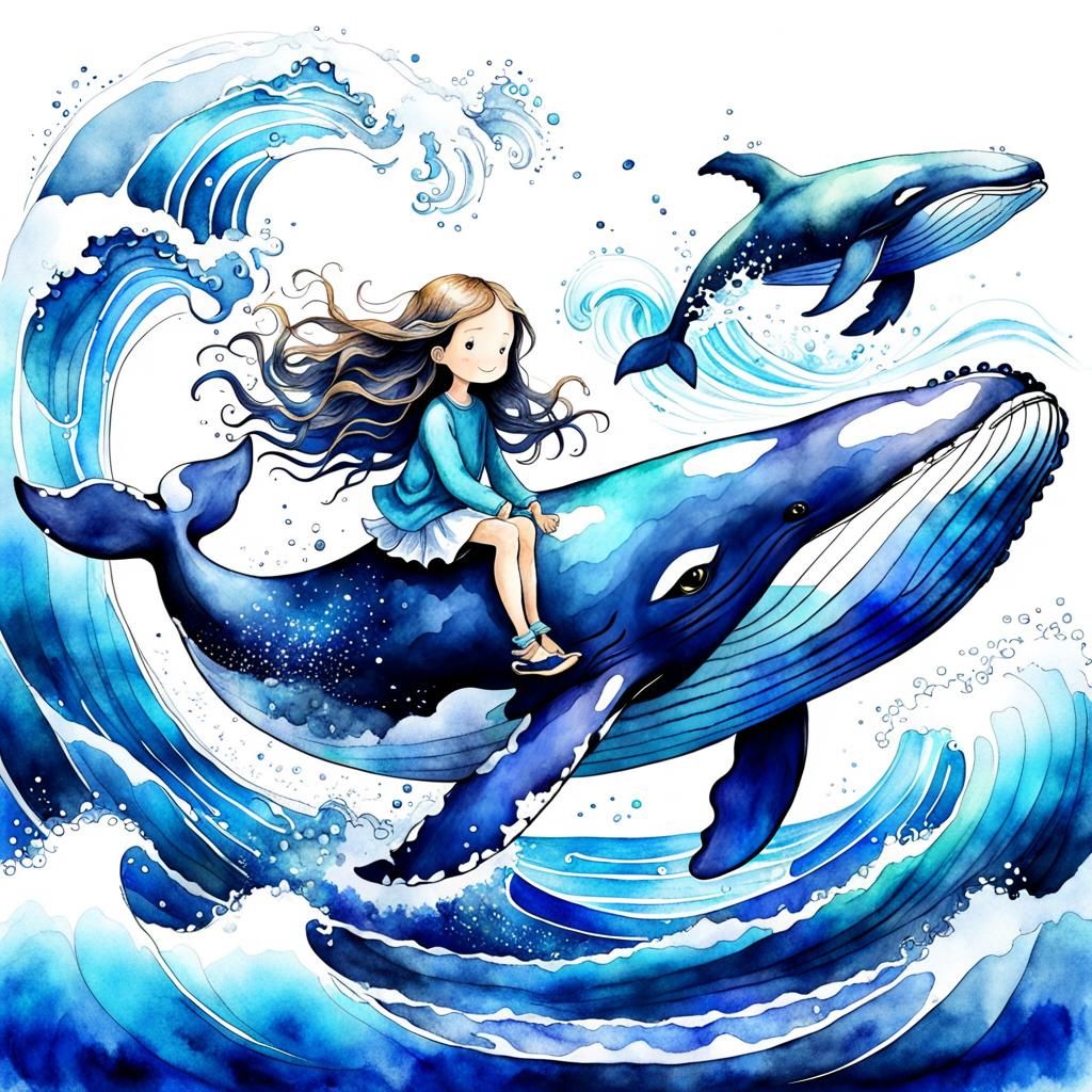 Girl on Whale in Fantasy Watercolor Illustration
