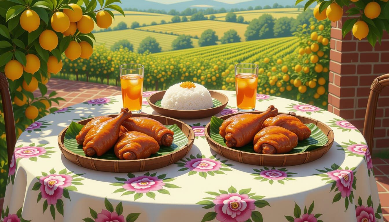 Fried Pork & Sticky Rice Feast on Victorian Tablecloth