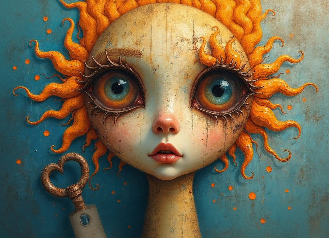 Eyeless Girl with Key: Surreal Abstract Portrait