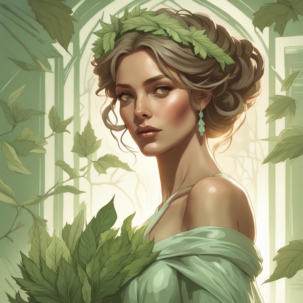 Bride in Green Dress with Leaf Bouquet, Hyperdetailed Portra...