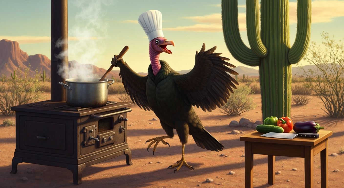 Vulture Chef Cooks Soup in Desert Golden Hour