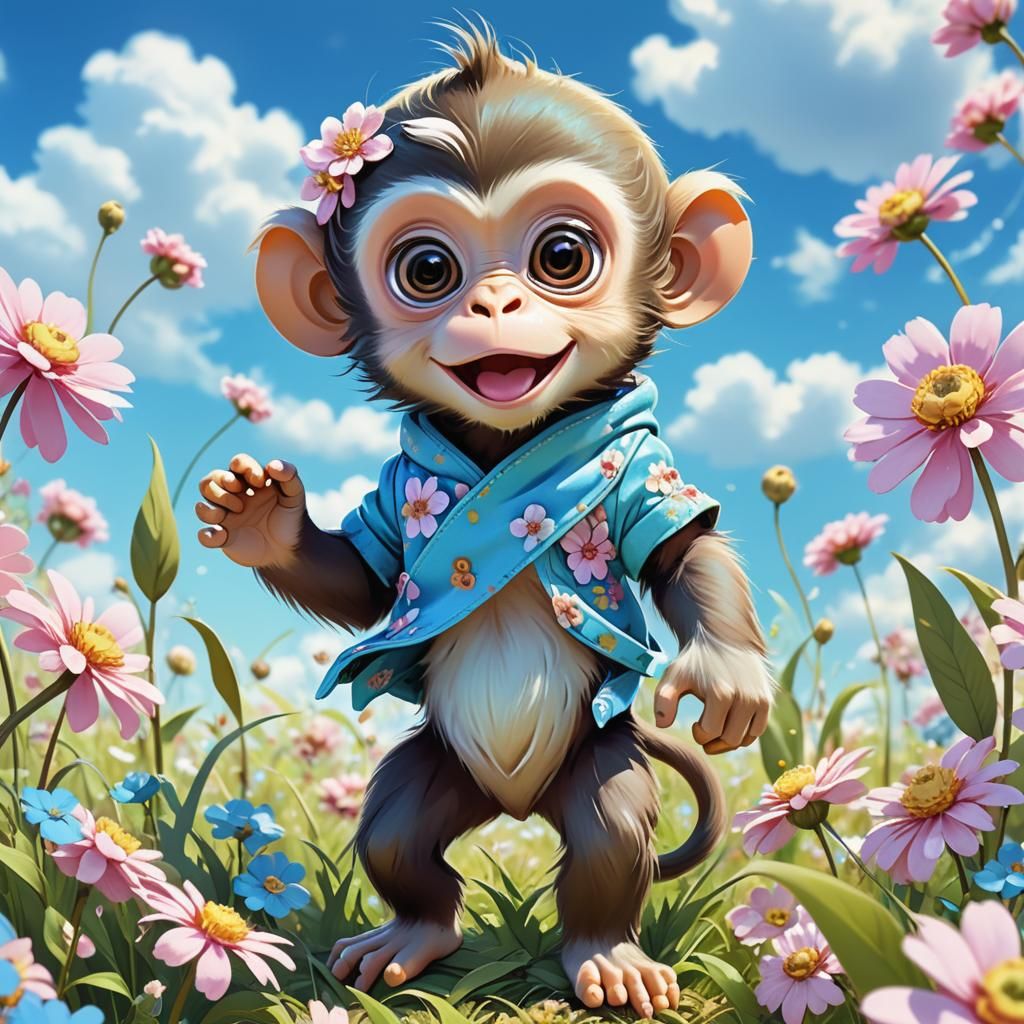 Surprised Monkey in Flowers, Manga Anime Style
