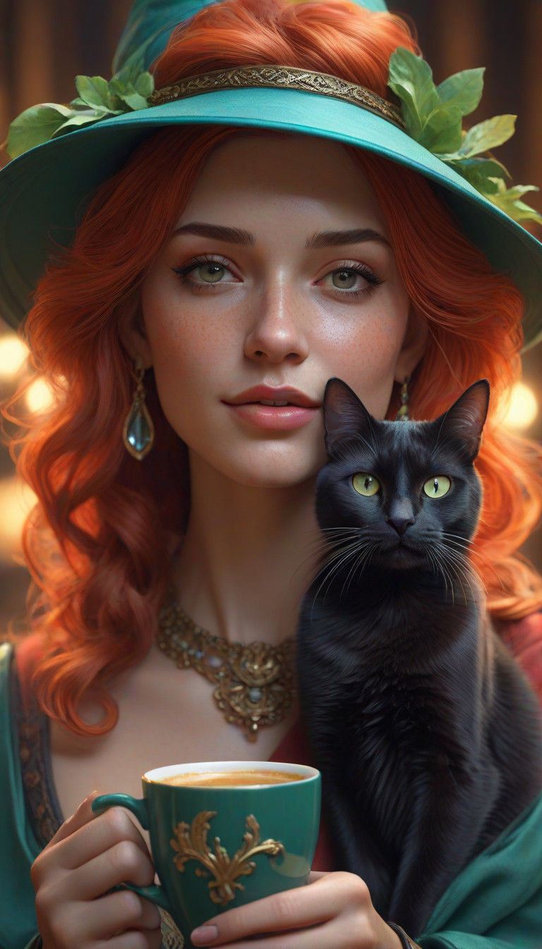 Emerald Enchantress Sips Coffee with Feline Companion