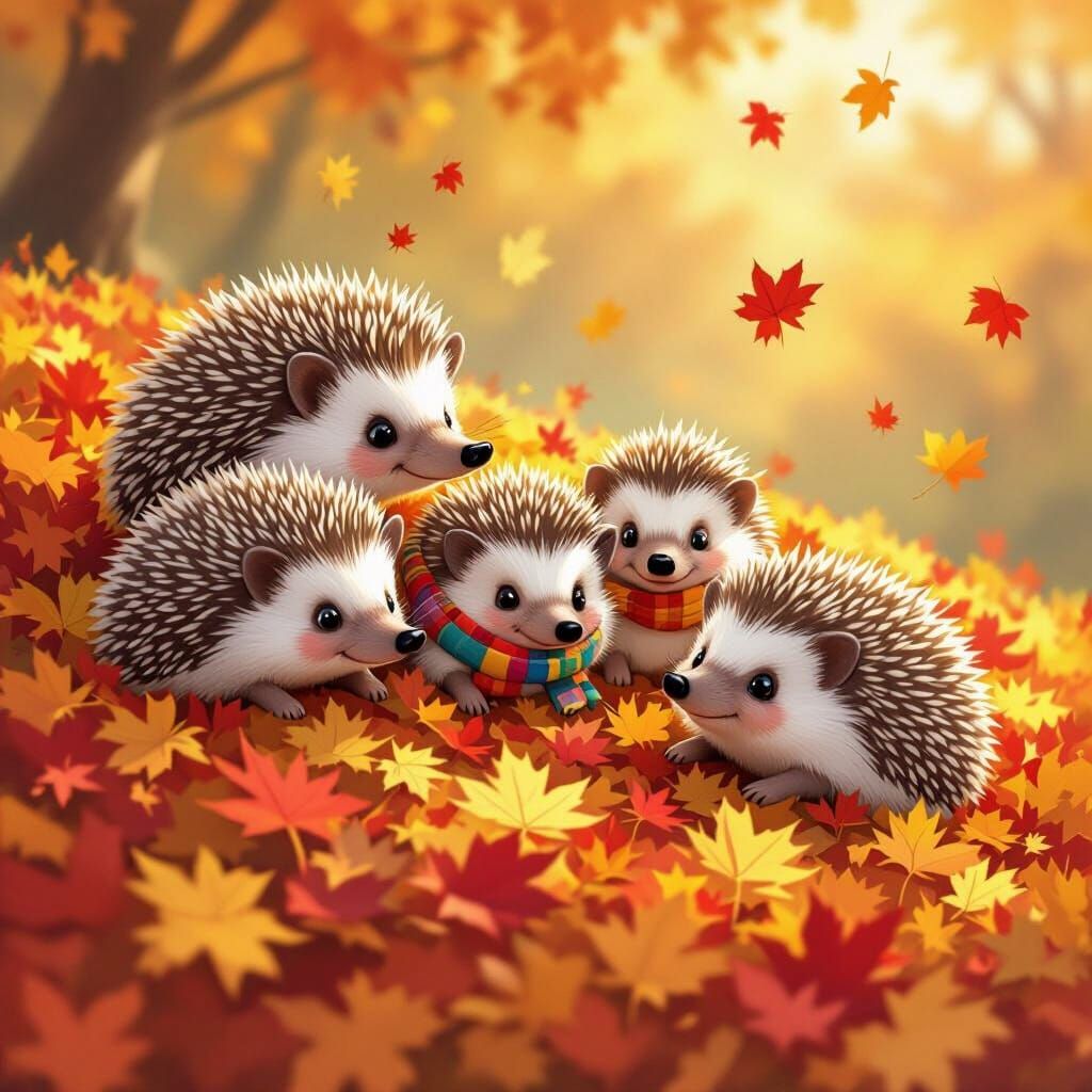 Adorable Hedgehogs With Scarves Roll Down Autumn Leaves