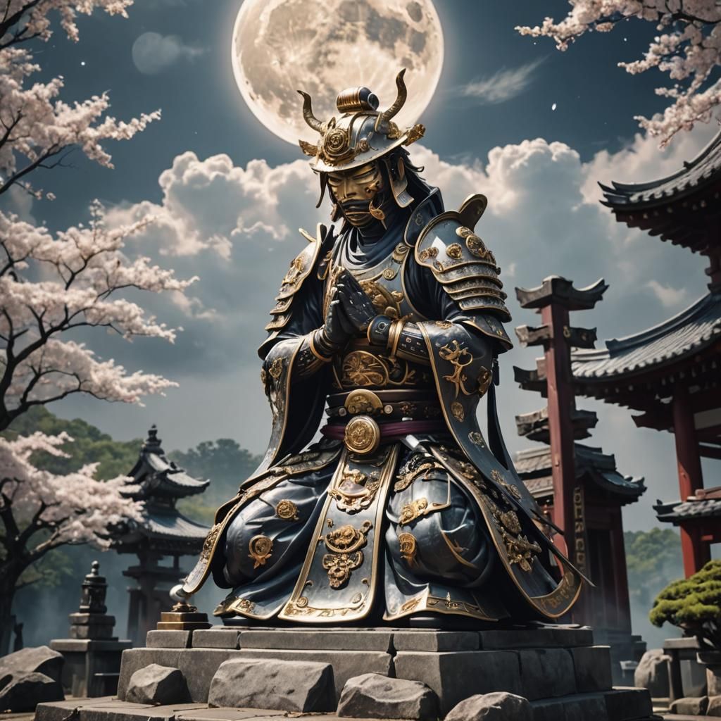 Mechanical Samurai Praying at Moonlit Shrine