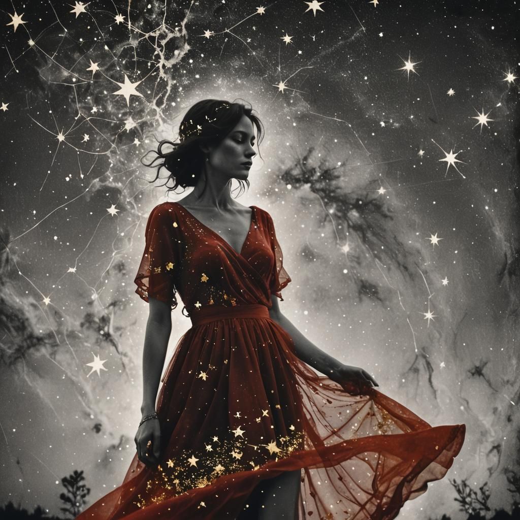 Dreaming Woman in Starry Night Double Exposure