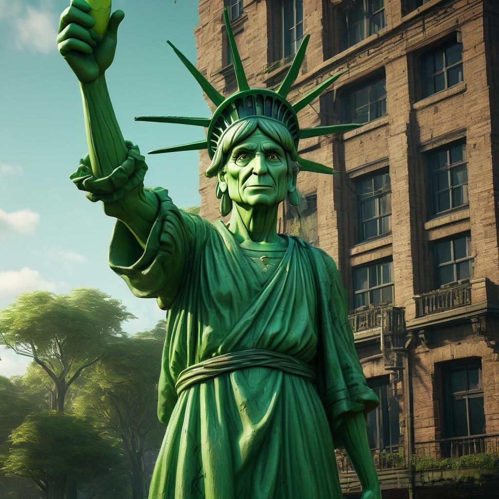 Green Pinocchio Statue of Liberty: Detailed Matte Painting