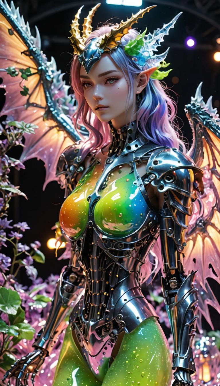 Rainbow Slime Dragon Girl with Metal Skeleton