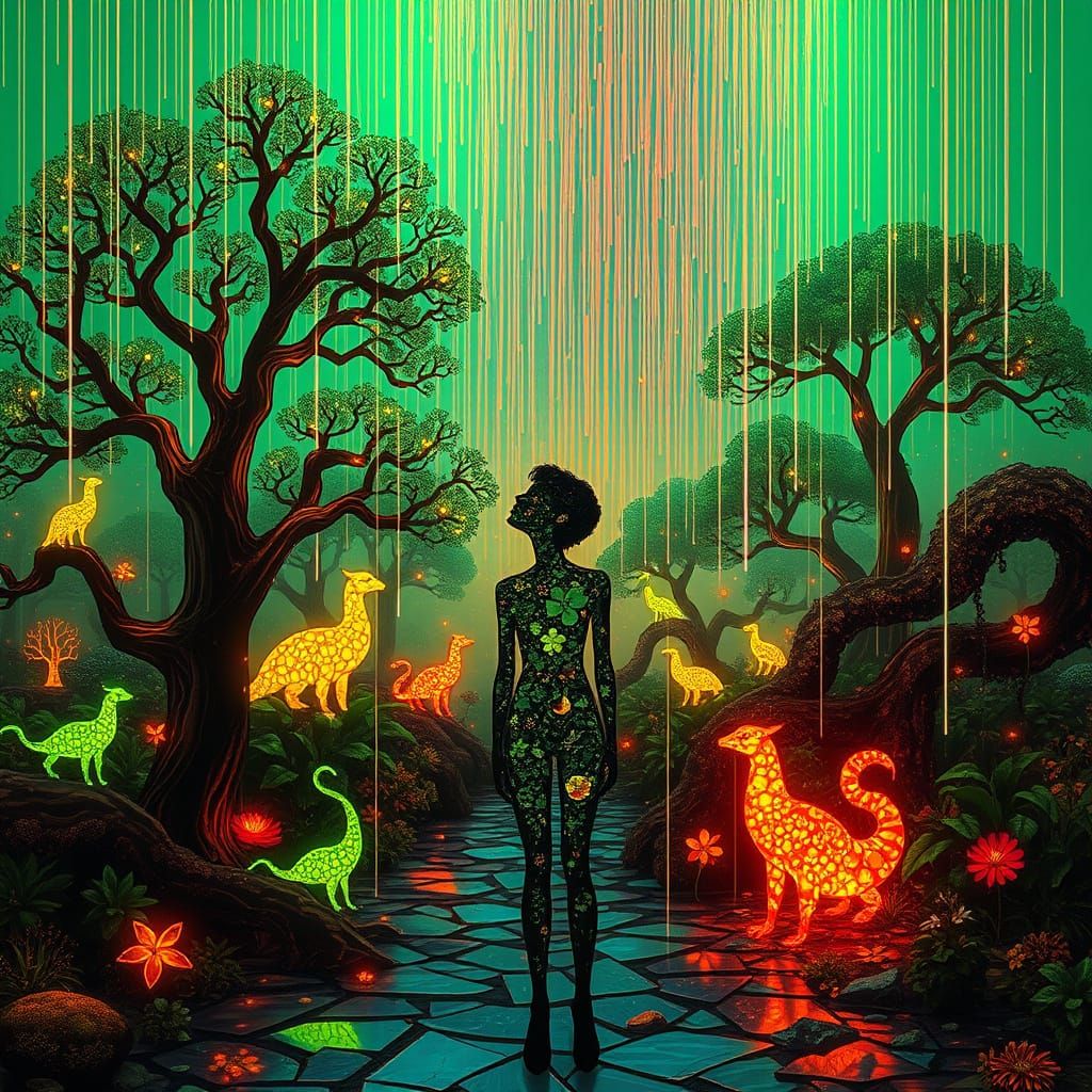 Dreamlike World with Stained Glass Trees