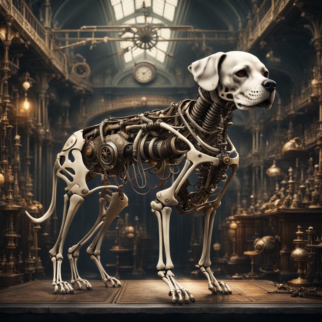 Steampunk Anatomical Dog Skeleton: Digital Matte Painting