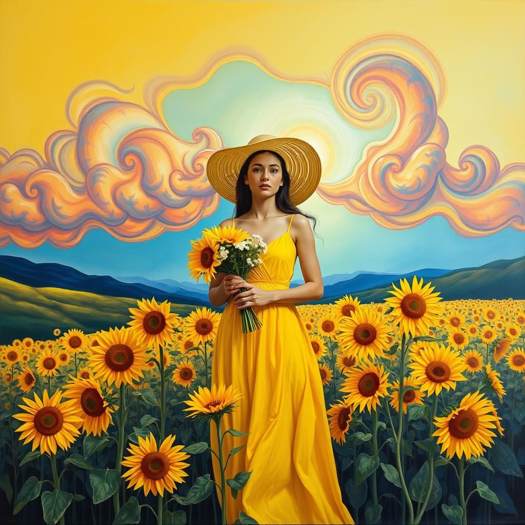 Surreal Woman in Sunflower Field, Impasto Oil Painting