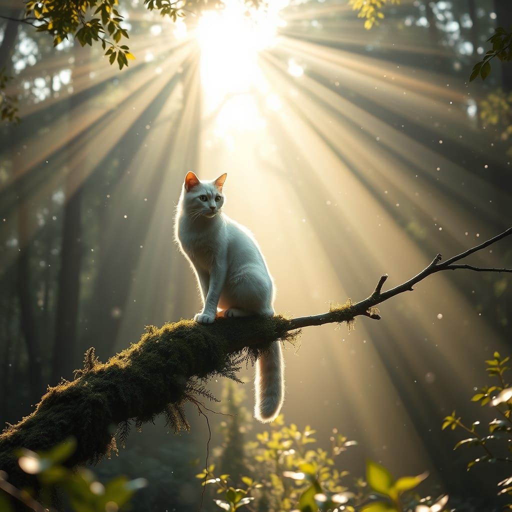 Ethereal Moonlight Cat in Hyper-Realistic Forest