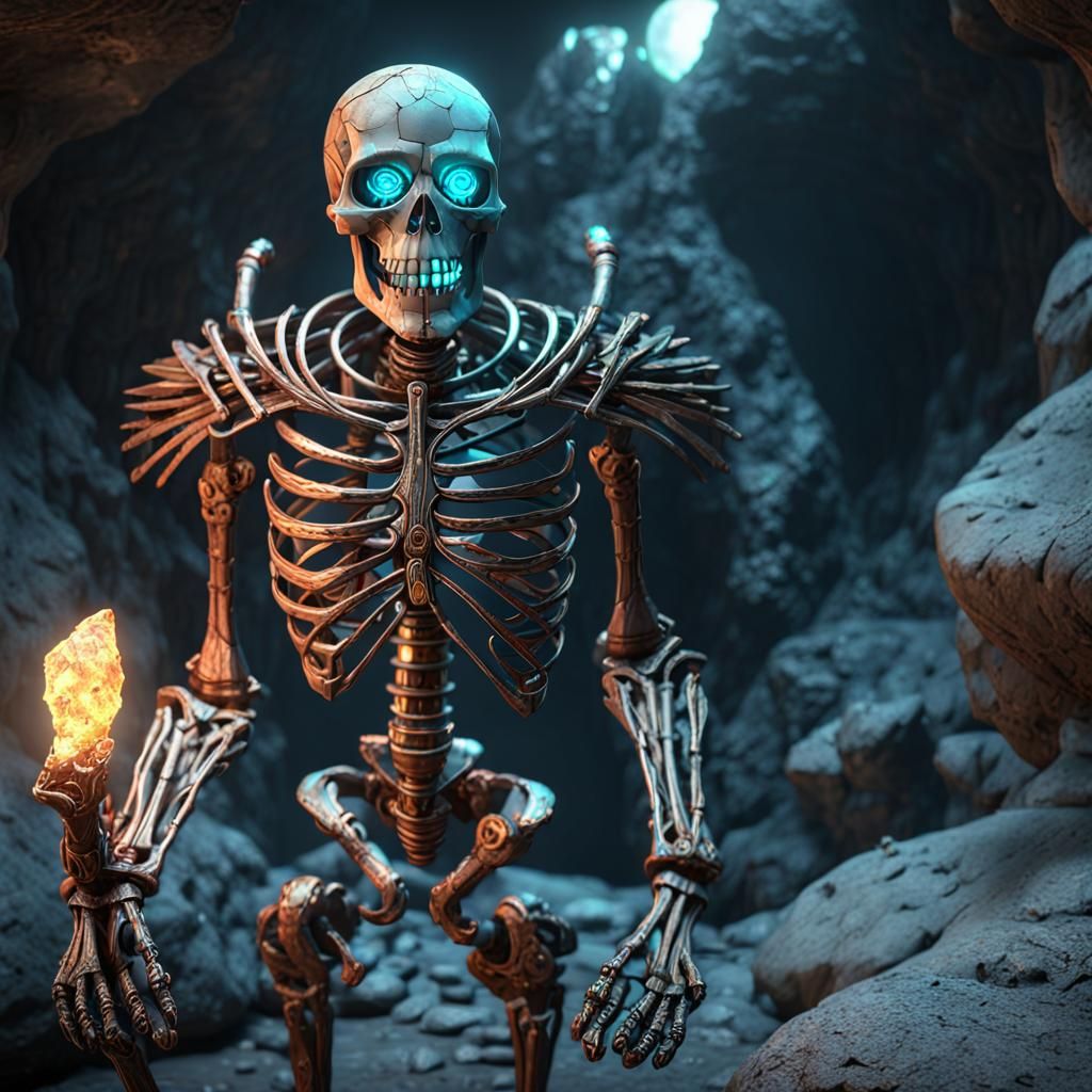 Copper Skeleton Warrior Guards Cave Entrance: 3D Render