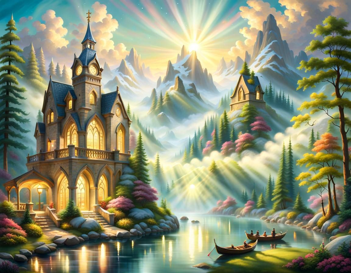 Magical Fairy Wonderland Lake: Gouache Impressionist Masterp...