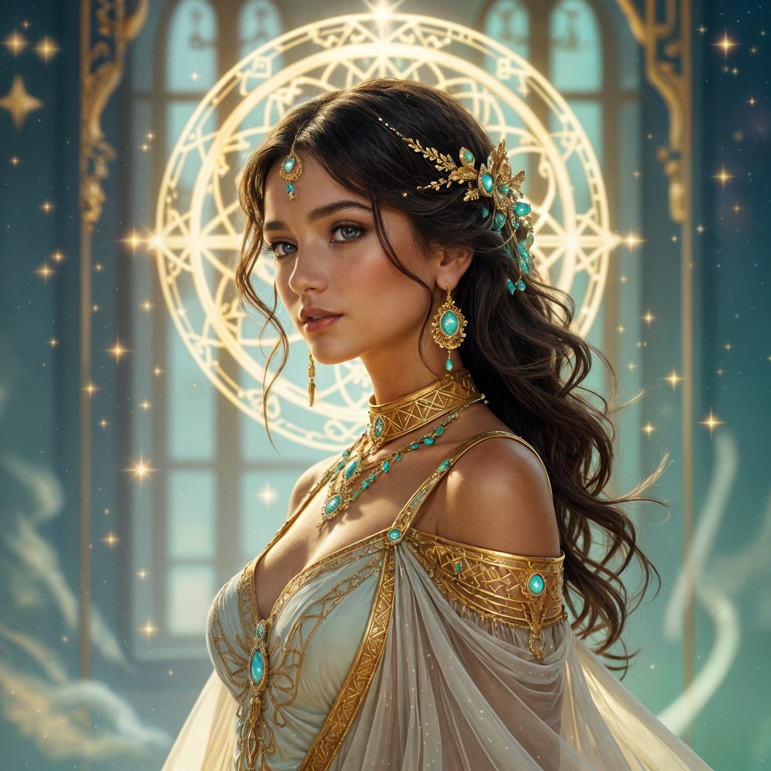 Celestial Woman in Art Deco Cosmic Glow