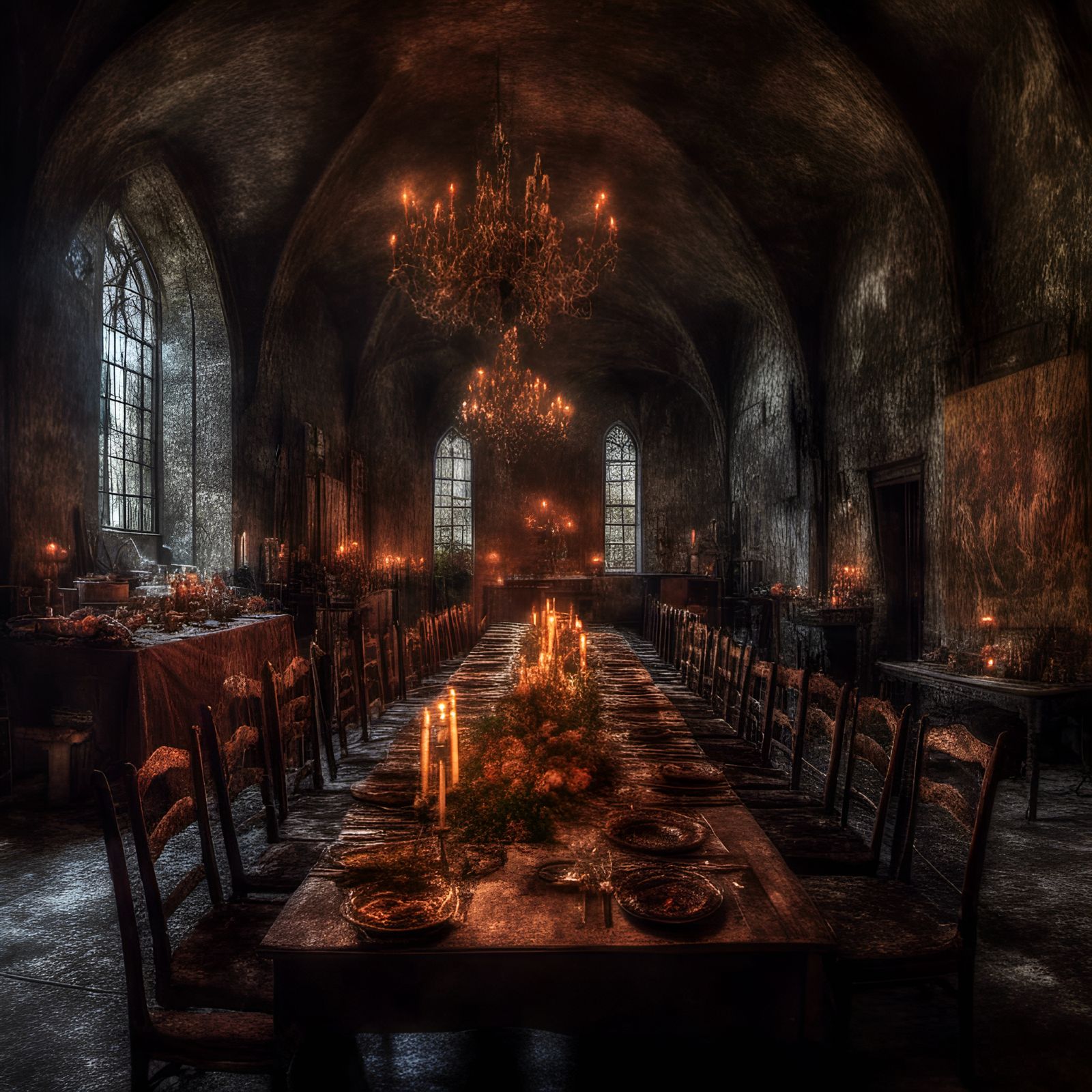 Castle Dining Room with Long Table in Digital Painting
