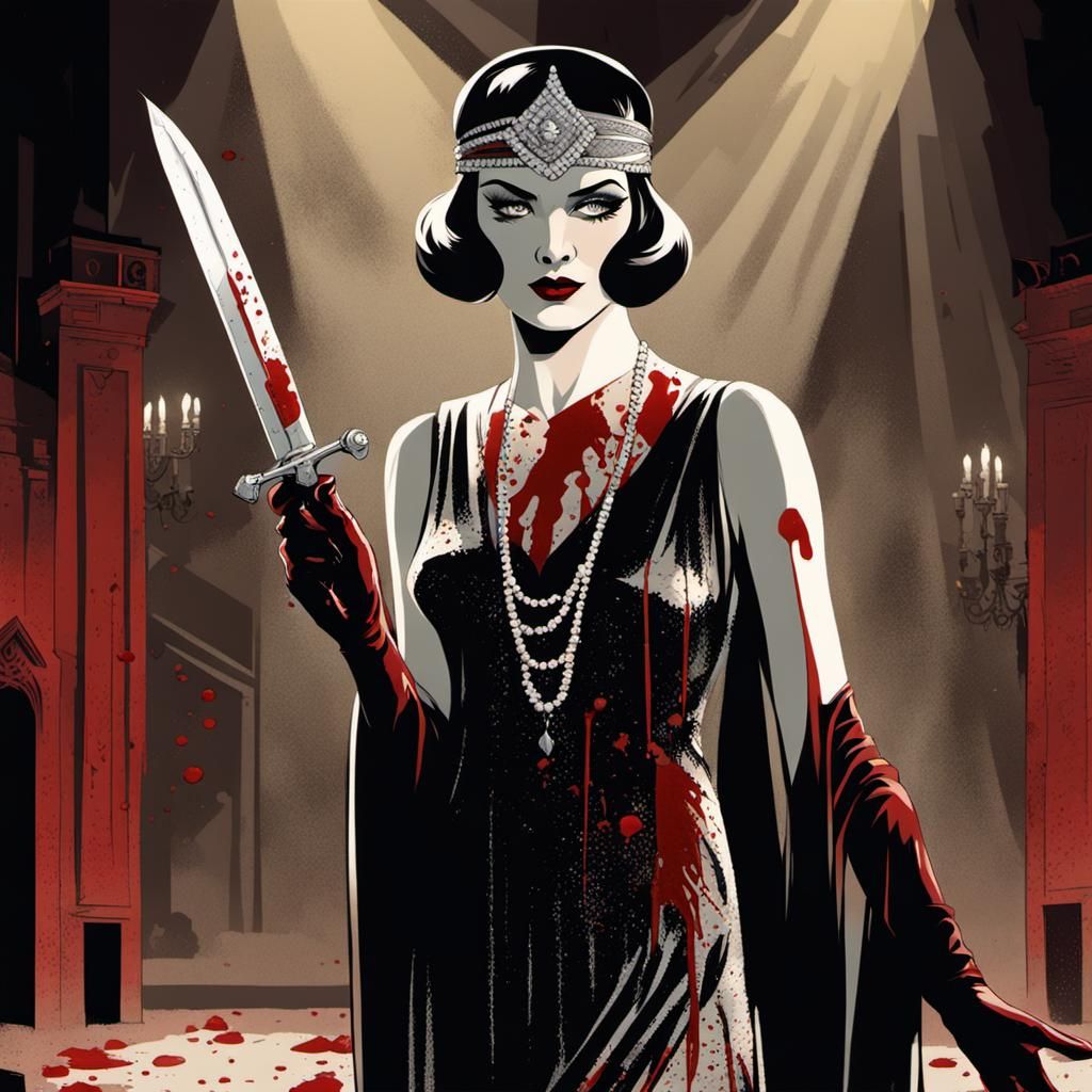 Bloody 1920s Showgirl with Dagger, Comic Book Art
