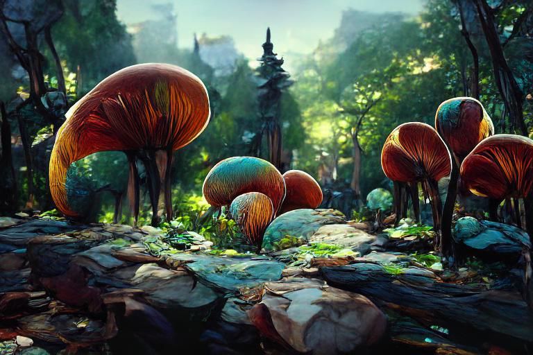 Enchanted Forest: Giant Mushrooms in a Detailed Matte Painti...