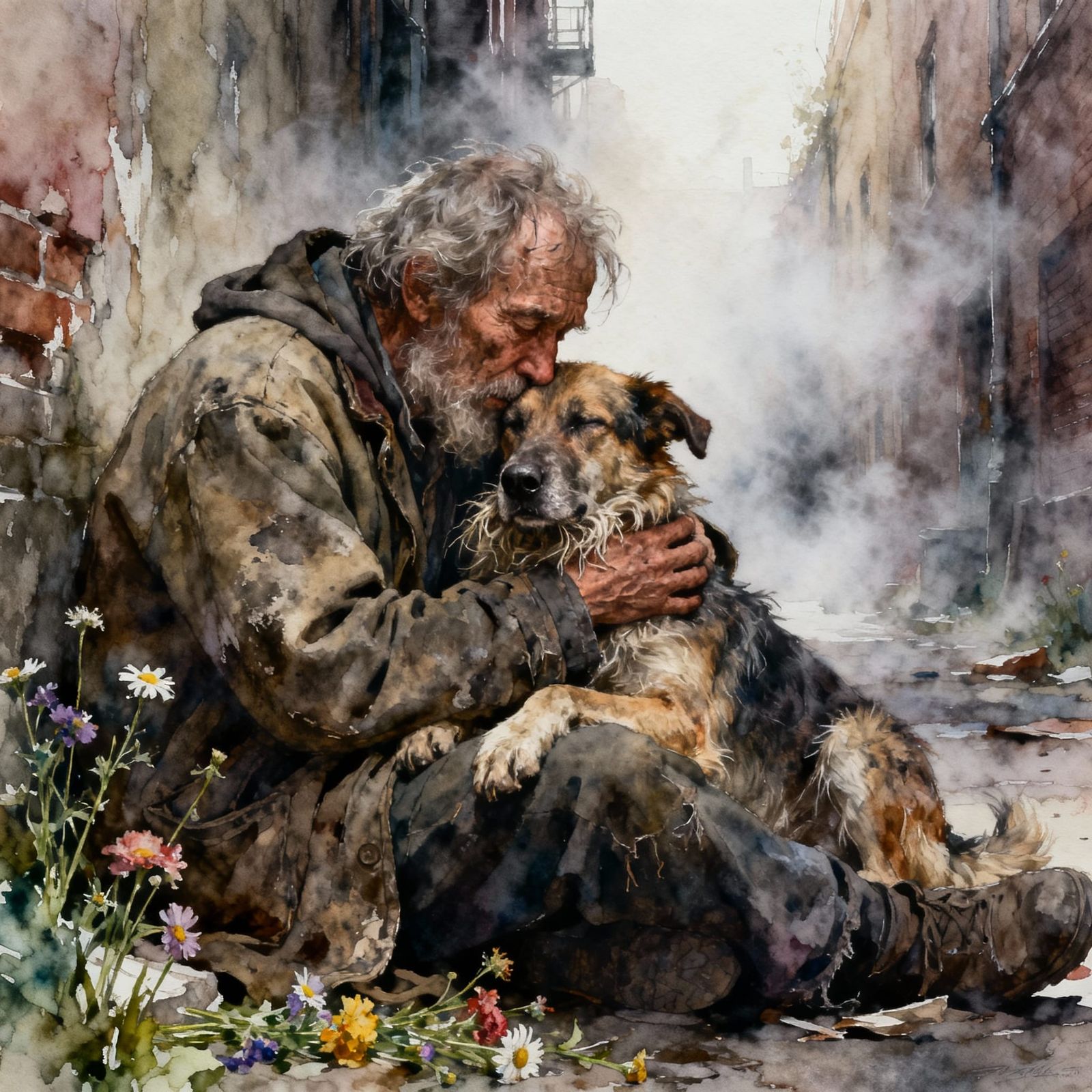 Homeless Man Hugs Stray Dog Amidst Wildflowers in Watercolor...
