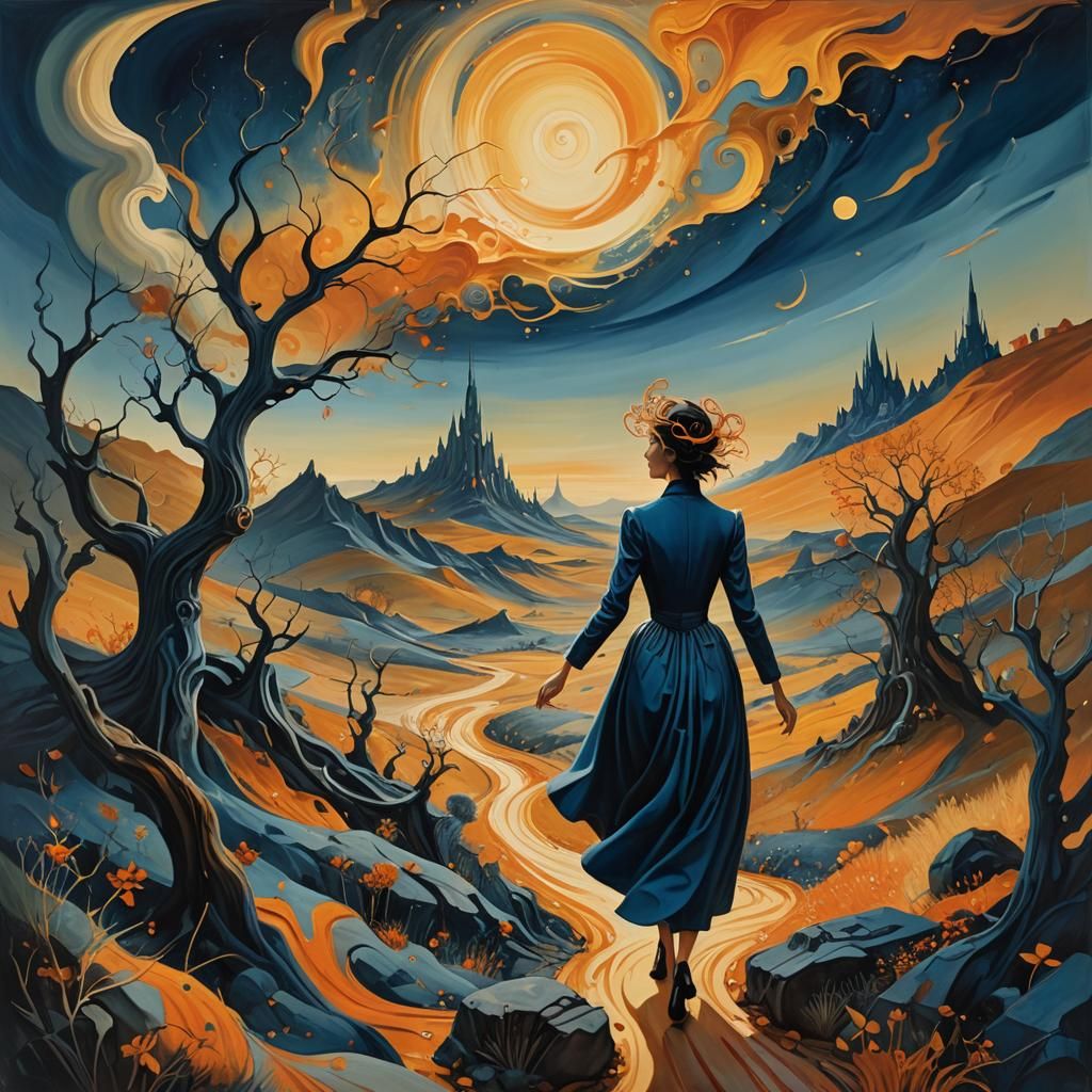 Dreamlike Figure in Surrealist Landscape, Dark Fantasy Art