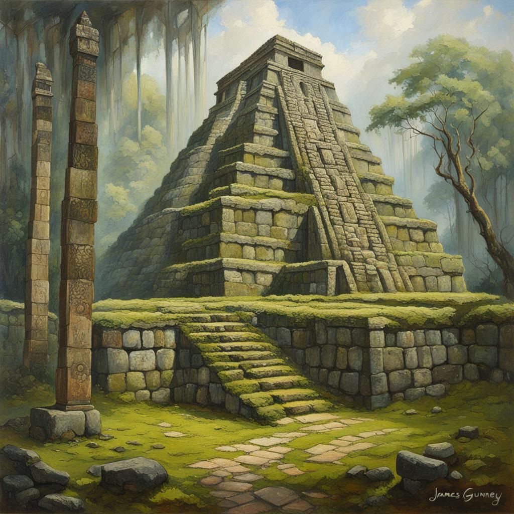 Mossy Ancient Mayan City in Oil Painting Style