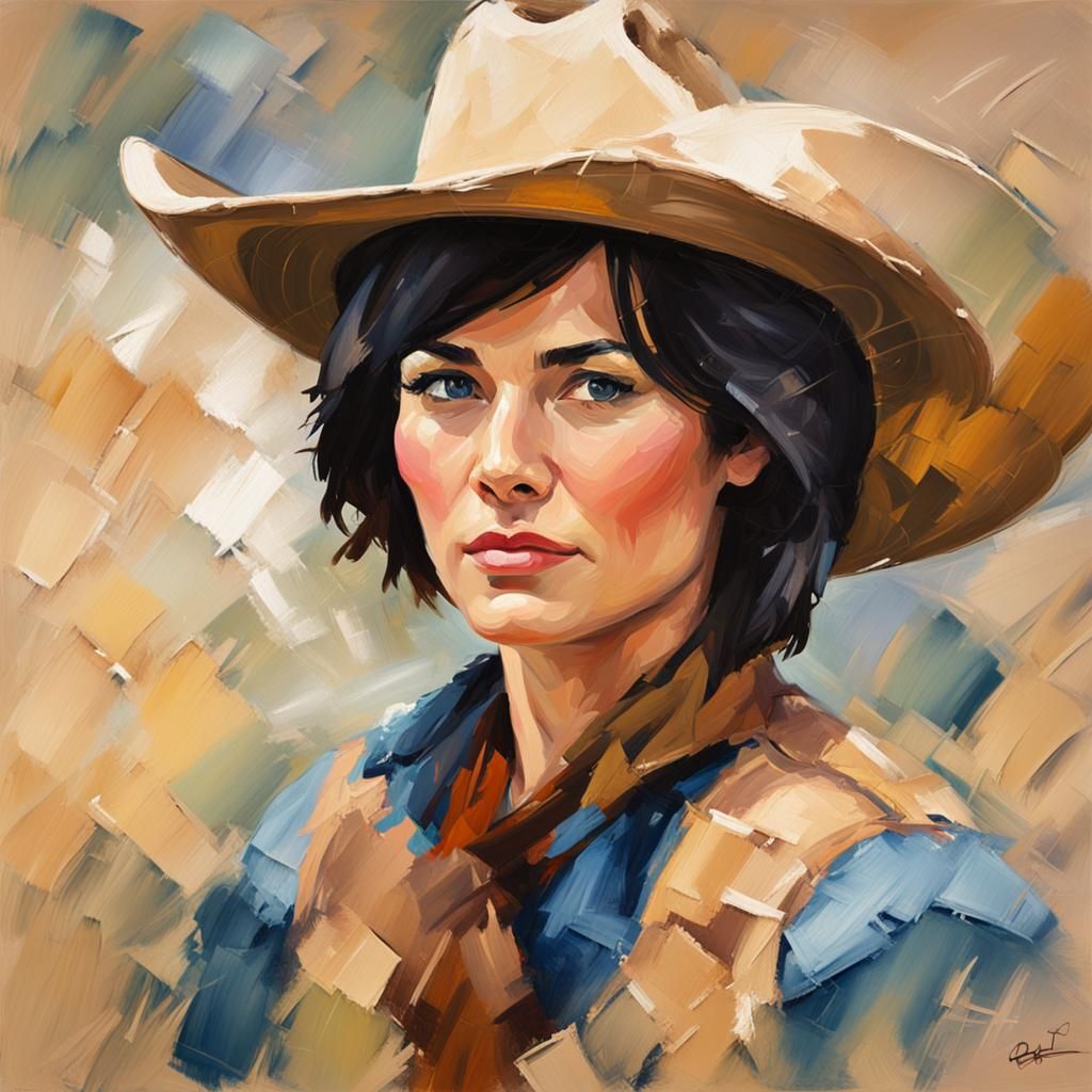 Cowgirl Portrait as Impressionistic Impasto Oil Painting